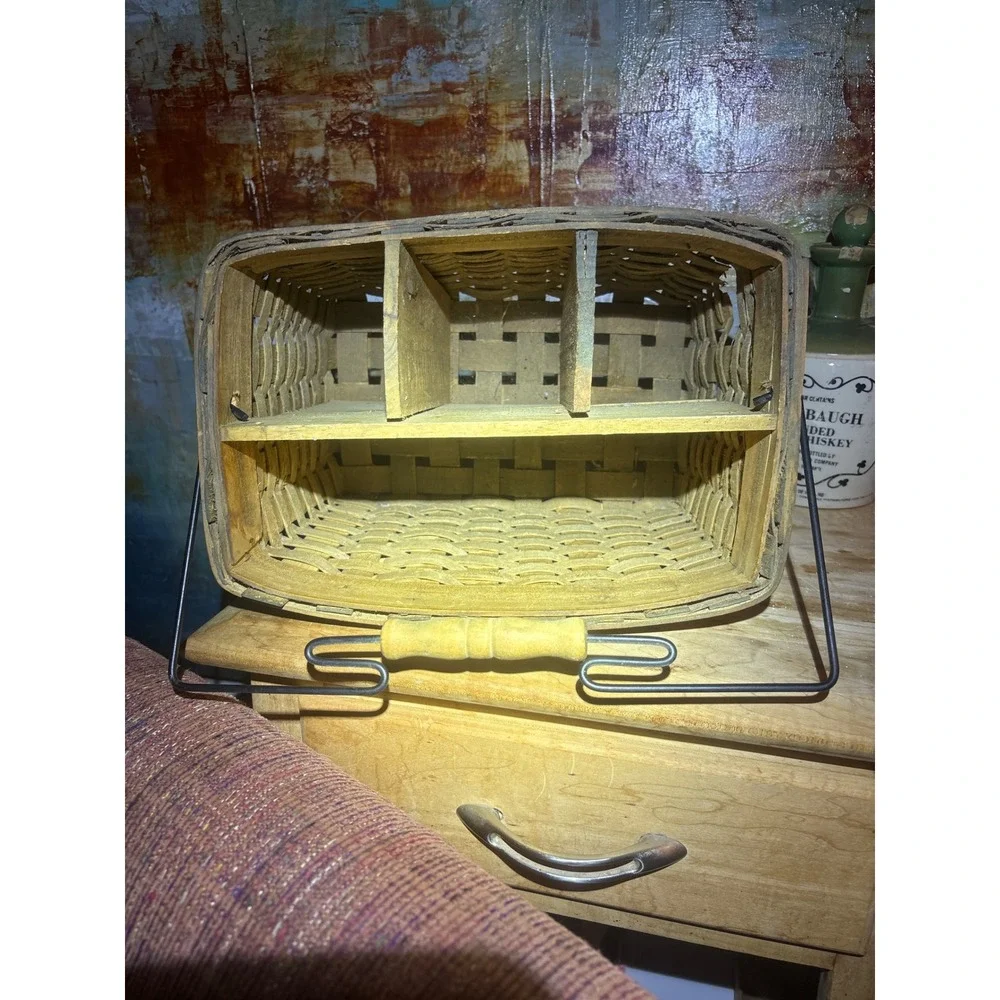 Vintage Woven Wood Divided Basket Hand Painted Apple Farmhouse Rustic Caddy